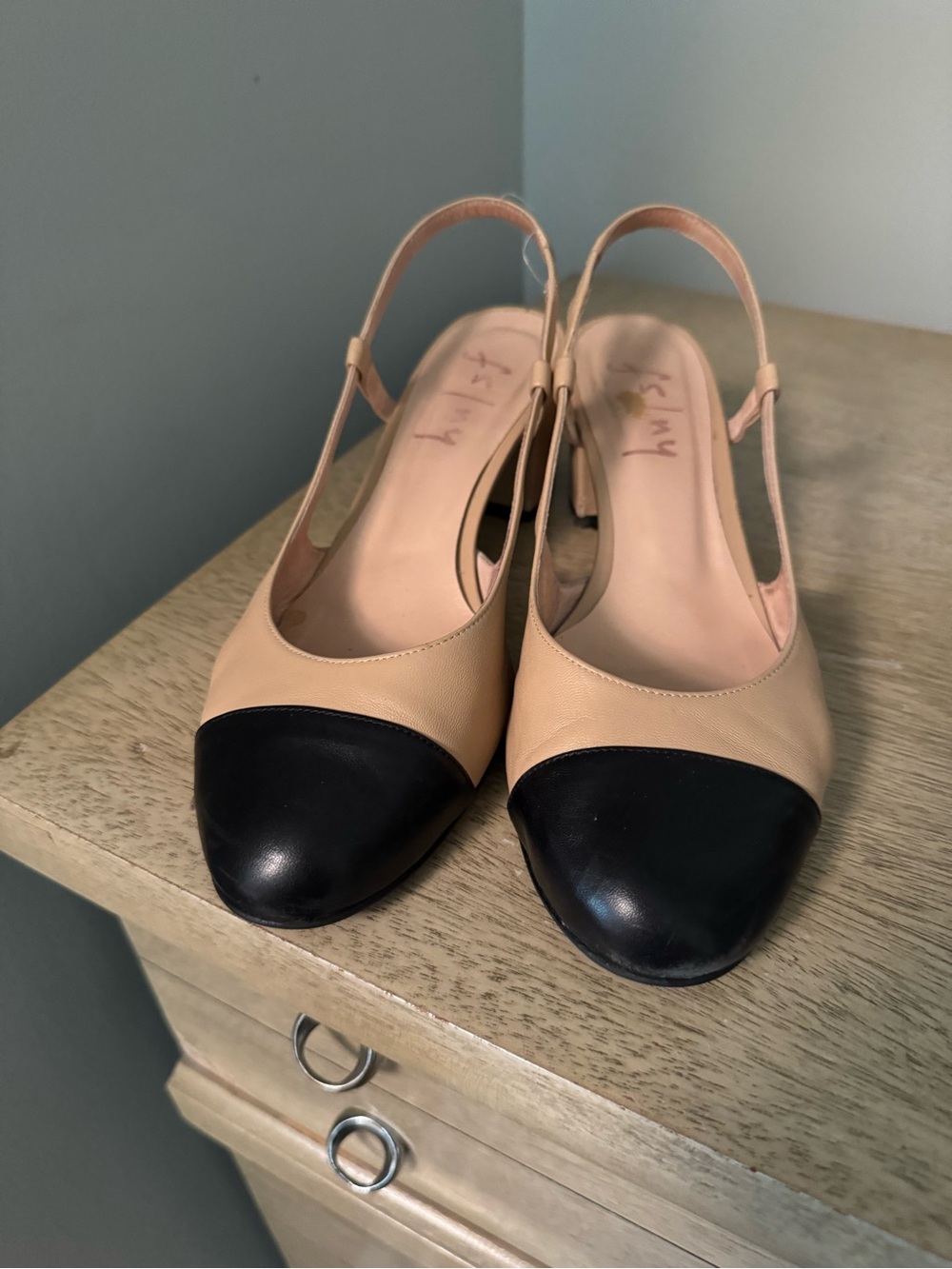 French Sole Nude and Black Cap-Toe Slingback Heels